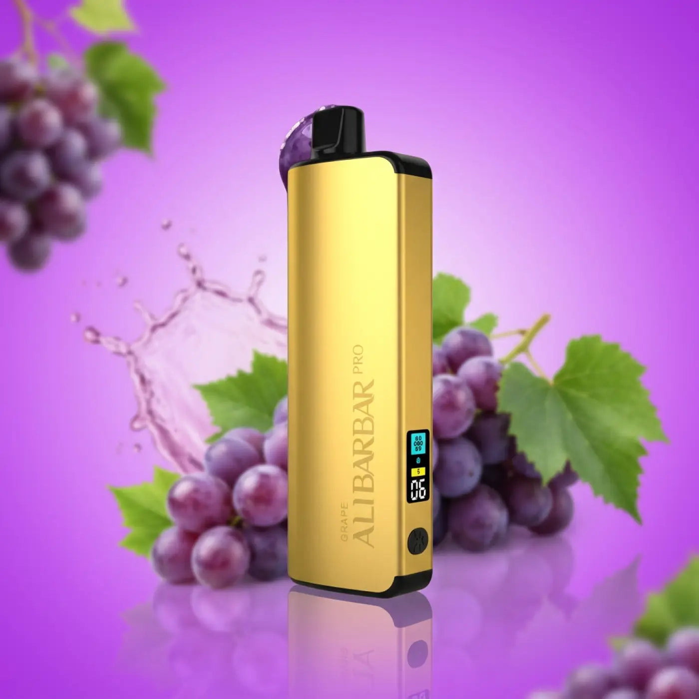 Gold-colored sleek rectangular alibarbar pro ice adjust grape vape pen with black accents and digital battery and time display