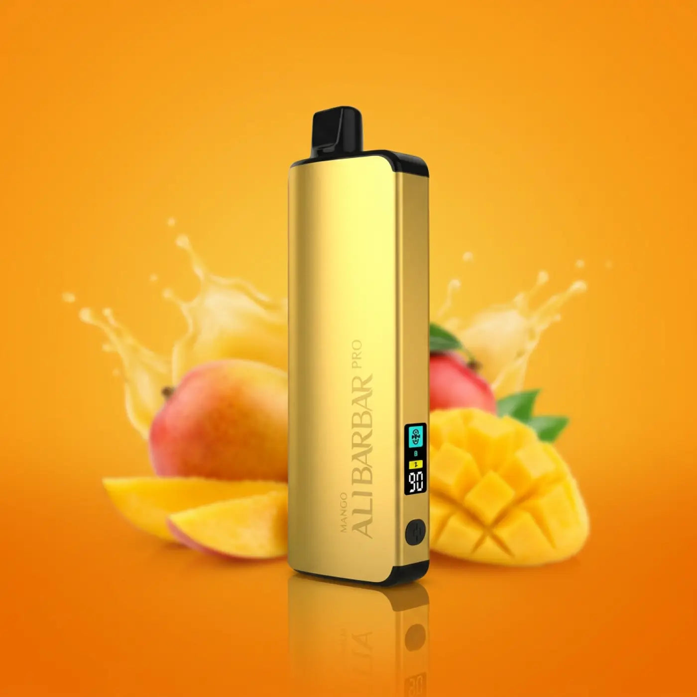 Gold-colored alibarbar pro 12000 ice adjust mango vaporizer with sleek rectangular design and black accents