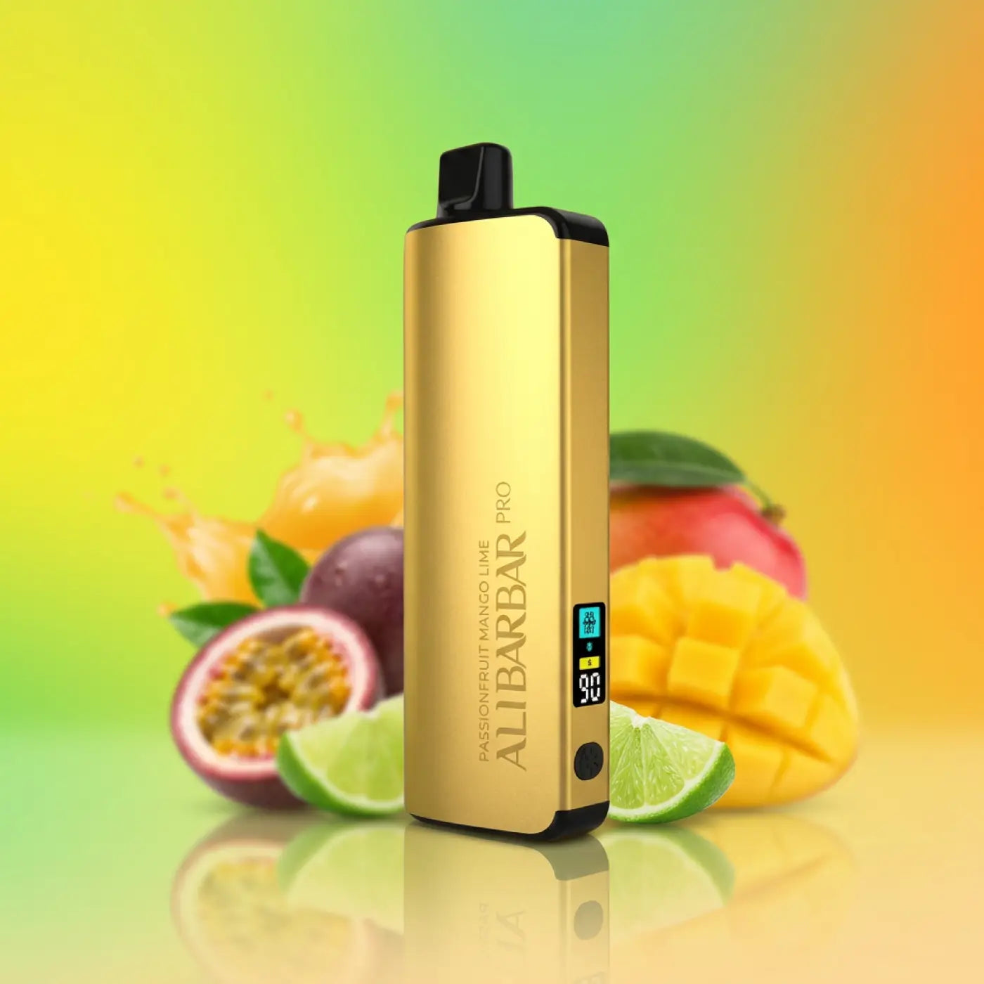 Gold-colored alibarbar pro 12000 vape pen with sleek rectangular design and ice adjust passionfruit mango lime flavor