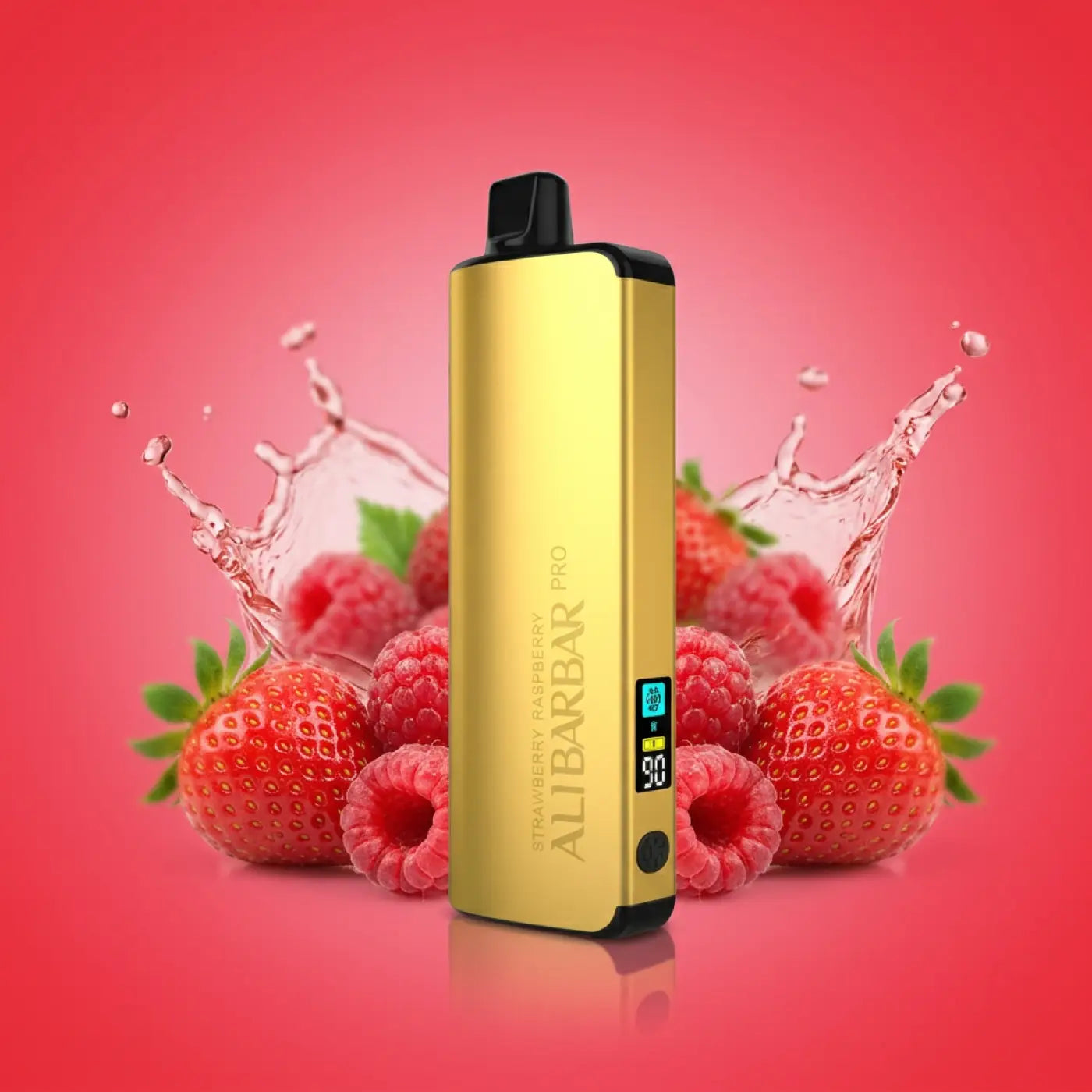 Gold-colored aluminum alibarbar pro vape pen with black accents and digital display for ice adjust strawberry raspberry use