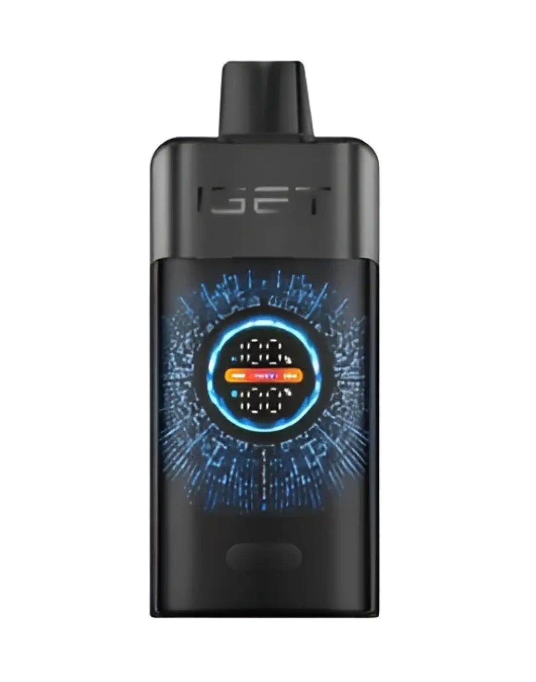Black iget pro vape pen with glowing blue and orange circular display from black forest iget vapes collection