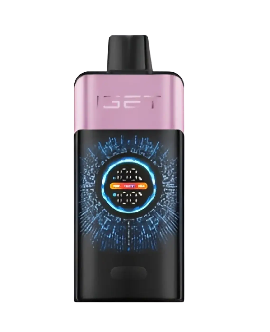 Pink and black iget pro vape pen with glowing blue circular display for cherry pomegranate flavor iget bar