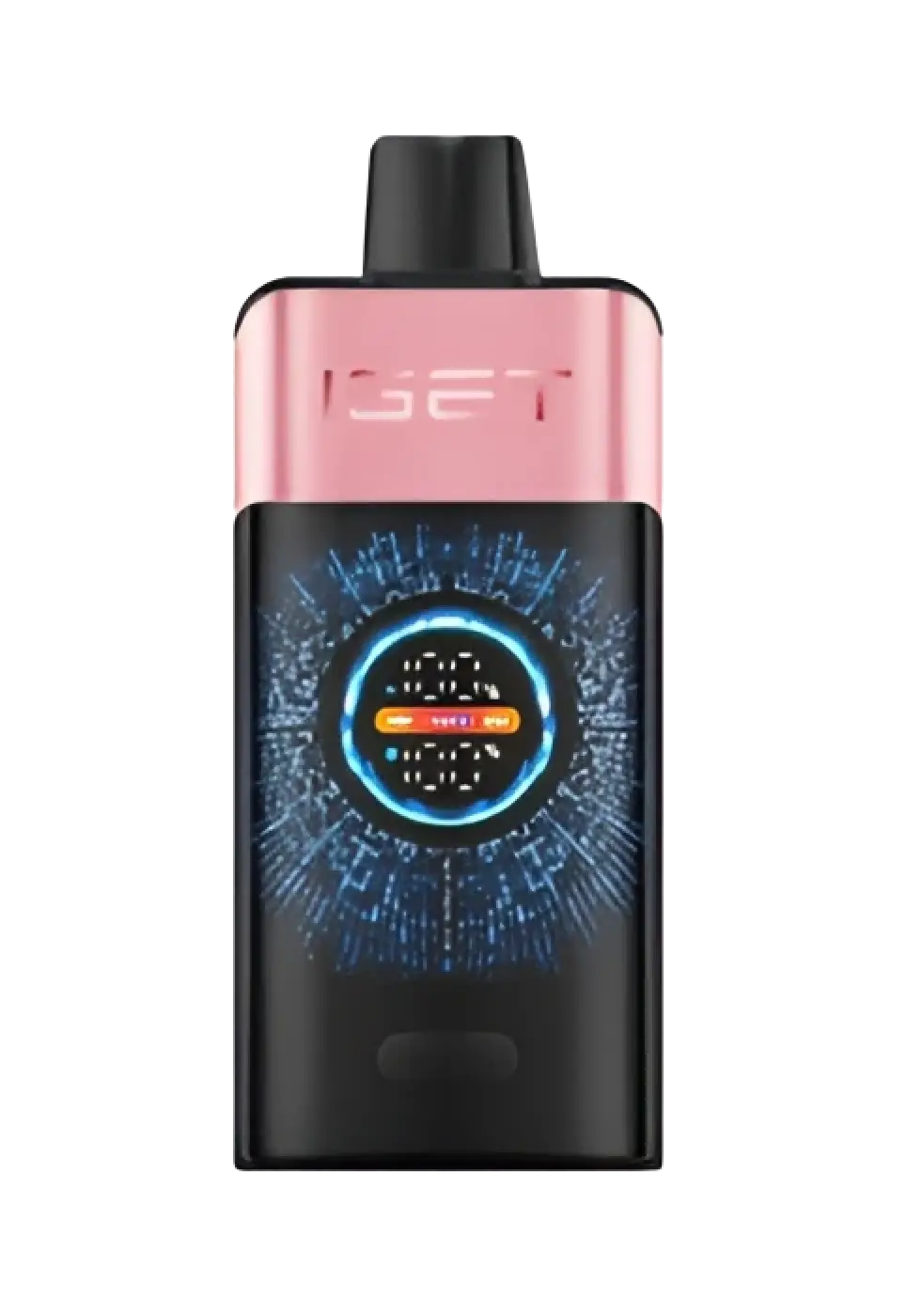 Pink and black iset vape pen with glowing blue digital display for iget one strawberry watermelon ice flavor