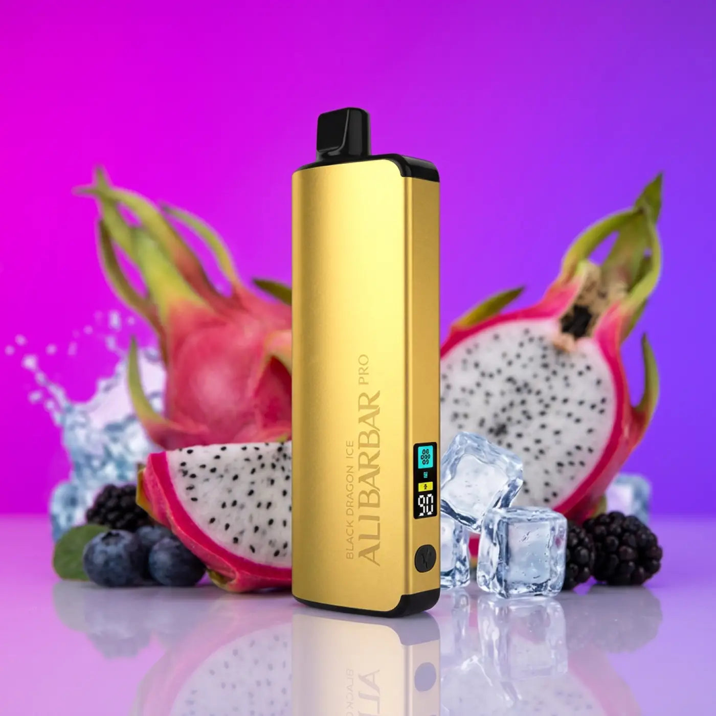 Gold-colored sleek rectangular electronic vaporizer alibarbar pro ice with black accents and digital display adjust black dragon