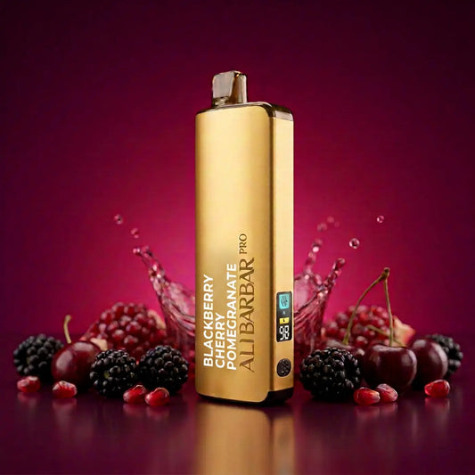 Gold-colored alibarbar pro ice adjust blackberry cherry pomegranate vaporizer with sleek rectangular design