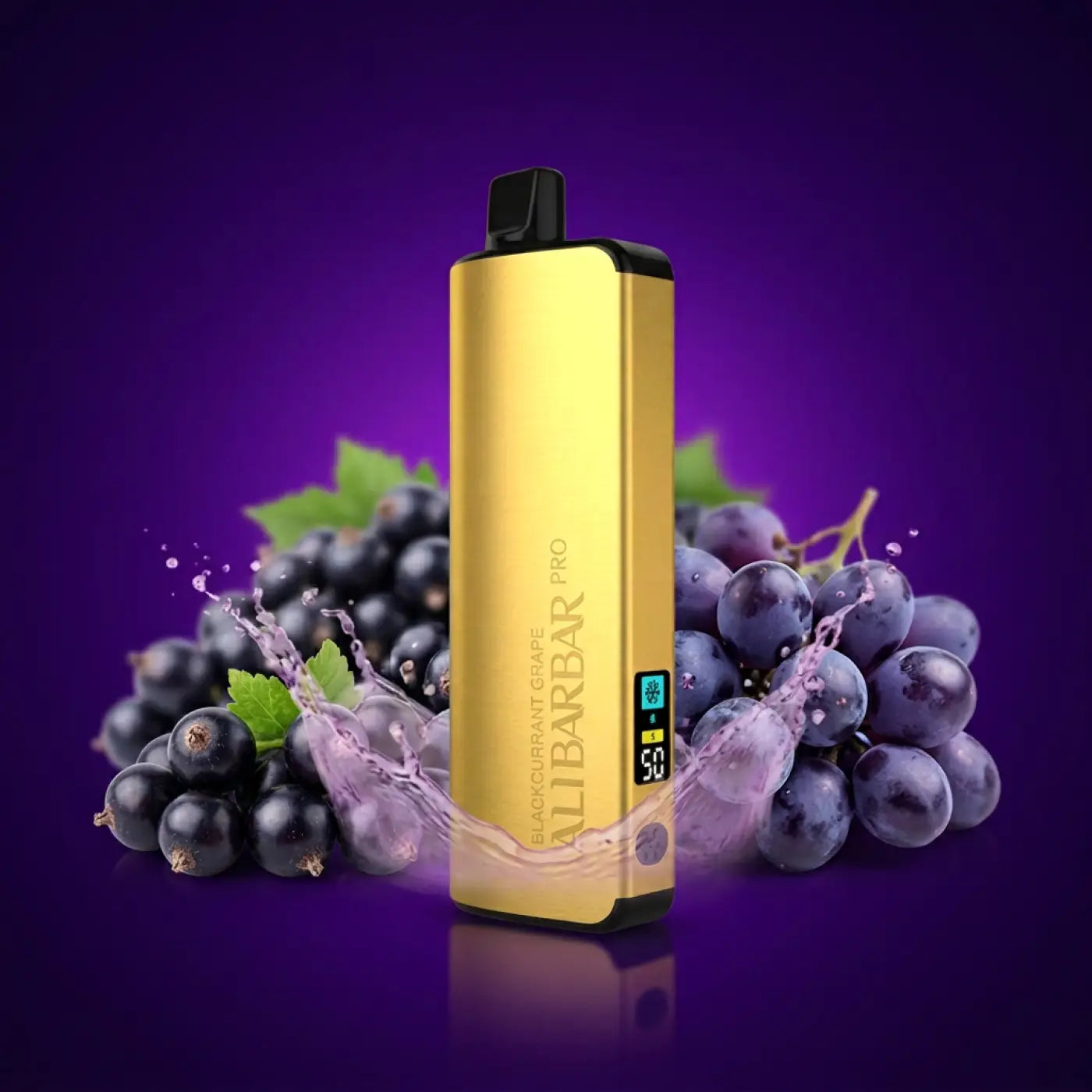 Gold-colored alibarbar pro vape pen with digital display and black accents surrounded by blackcurrant grape for ice adjust blackcurrant flavor