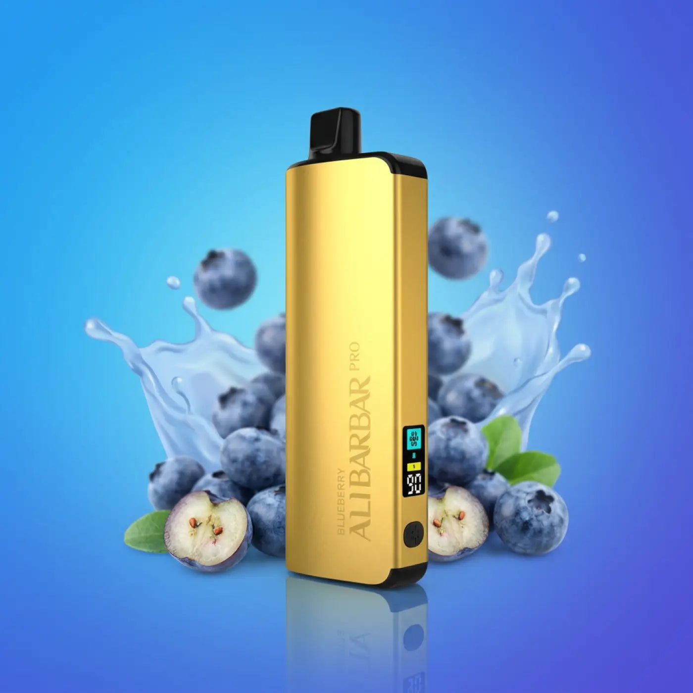 Gold-colored alibarbar pro 12000 vape pen with sleek rectangular design and black accents for ice adjust blueberry use