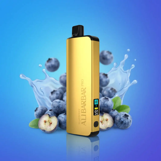 Gold-colored alibarbar pro 12000 vape pen with sleek rectangular design and black accents for ice adjust blueberry use