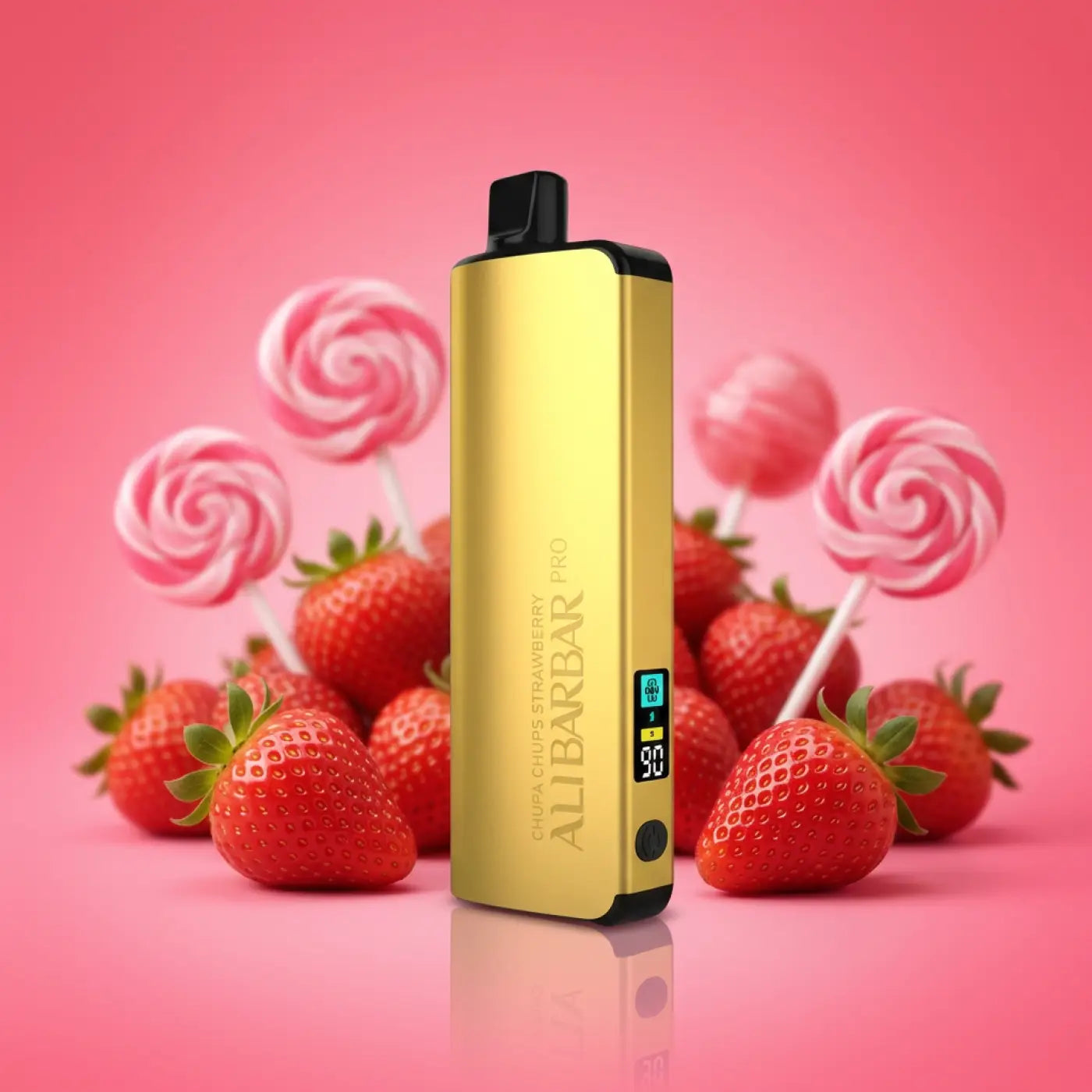 Gold-colored ali bar pro ice vape pen with black accents and digital display surrounded by chupa chups strawberry candy