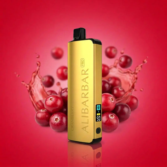 Gold-colored alibarbar pro ice adjust cranberry vape pen with digital display and cranberry flavor branding