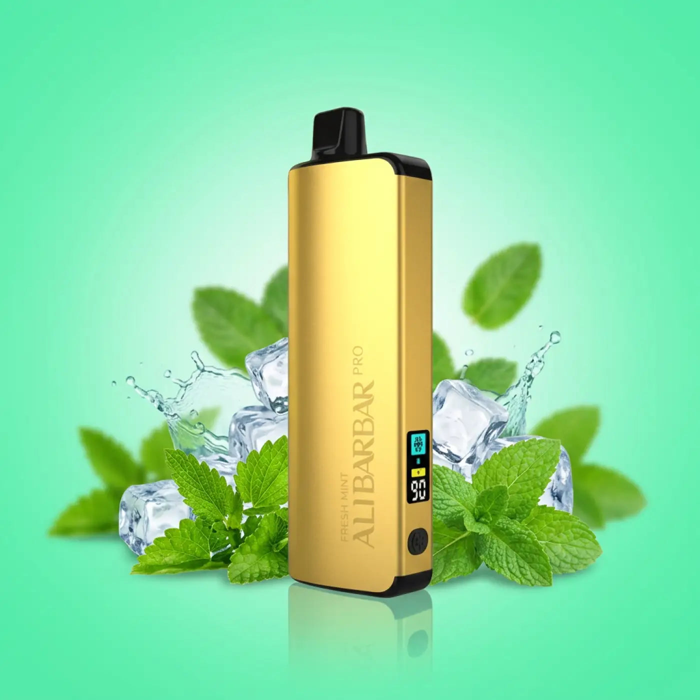 Gold-colored Alibarbar pro vape pen with black accents and digital display for ice adjust fresh mint vape use