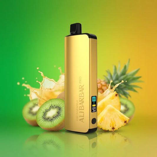 Gold-colored alibarbar pro 12000 vape pen with sleek rectangular design and black accents for ice adjust kiwi pineapple flavor