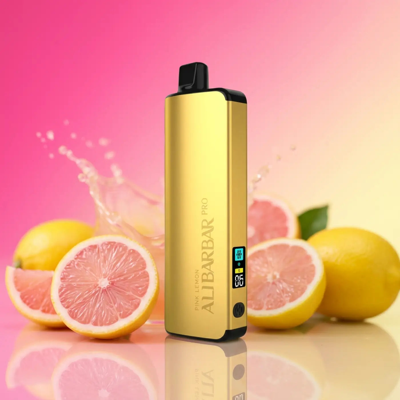 Gold-colored aluminum alibarbar pro ice vaporizer with black accents and digital battery display in adjust pink lemon style
