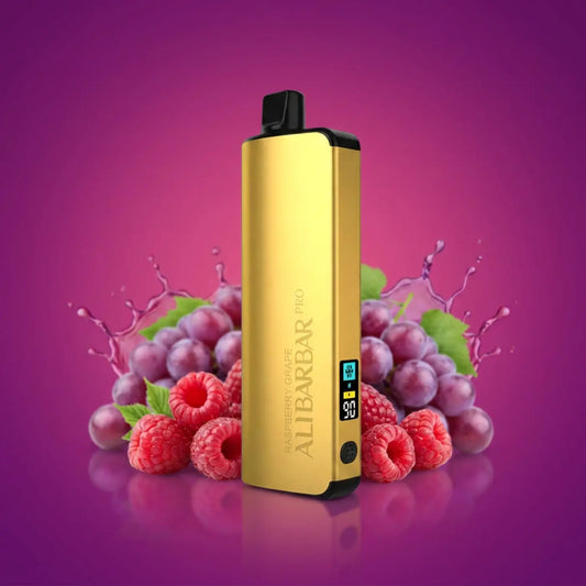 Gold-colored alibarbar pro 12000 vape pen with sleek rectangular design and black accents in ice adjust raspberry grape flavor