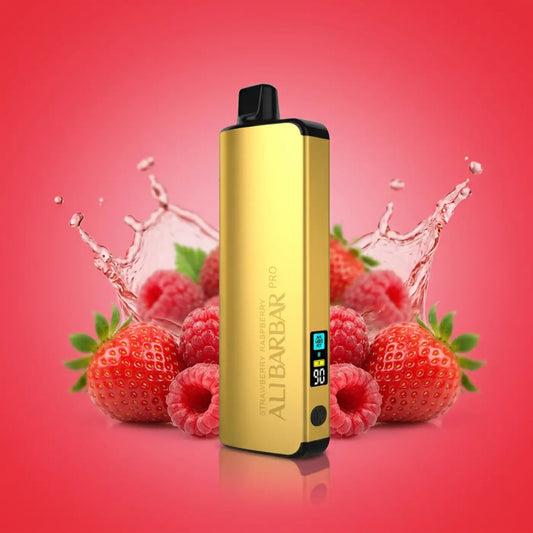 Gold-colored aluminum alibarbar pro vape pen with black accents and digital display for ice adjust strawberry raspberry use