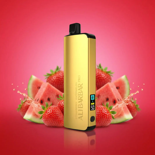 Gold-colored alibarbar pro 12000 ice adjust strawberry watermelon vaporizer with sleek rectangular design and black accents