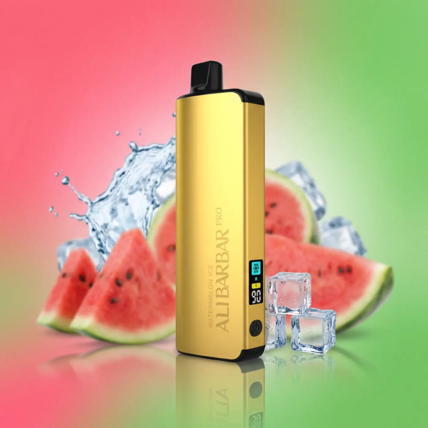 Gold-colored alibarbar pro 12000 vaporizer with sleek rectangular design and black accents for watermelon ice flavor iget vapes