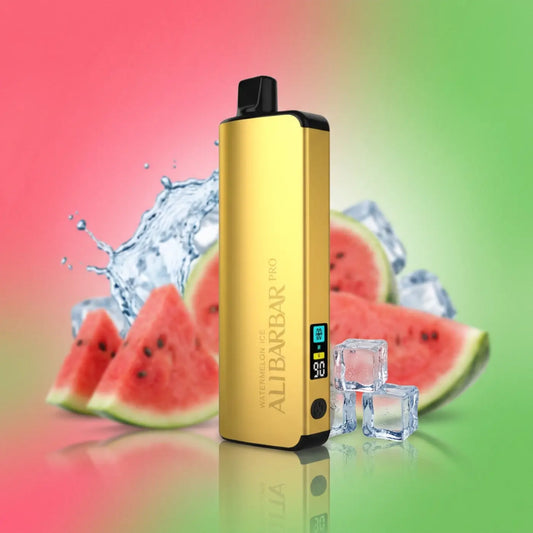 Gold-colored alibarbar pro 12000 vaporizer with sleek rectangular design and black accents for watermelon ice flavor iget vapes