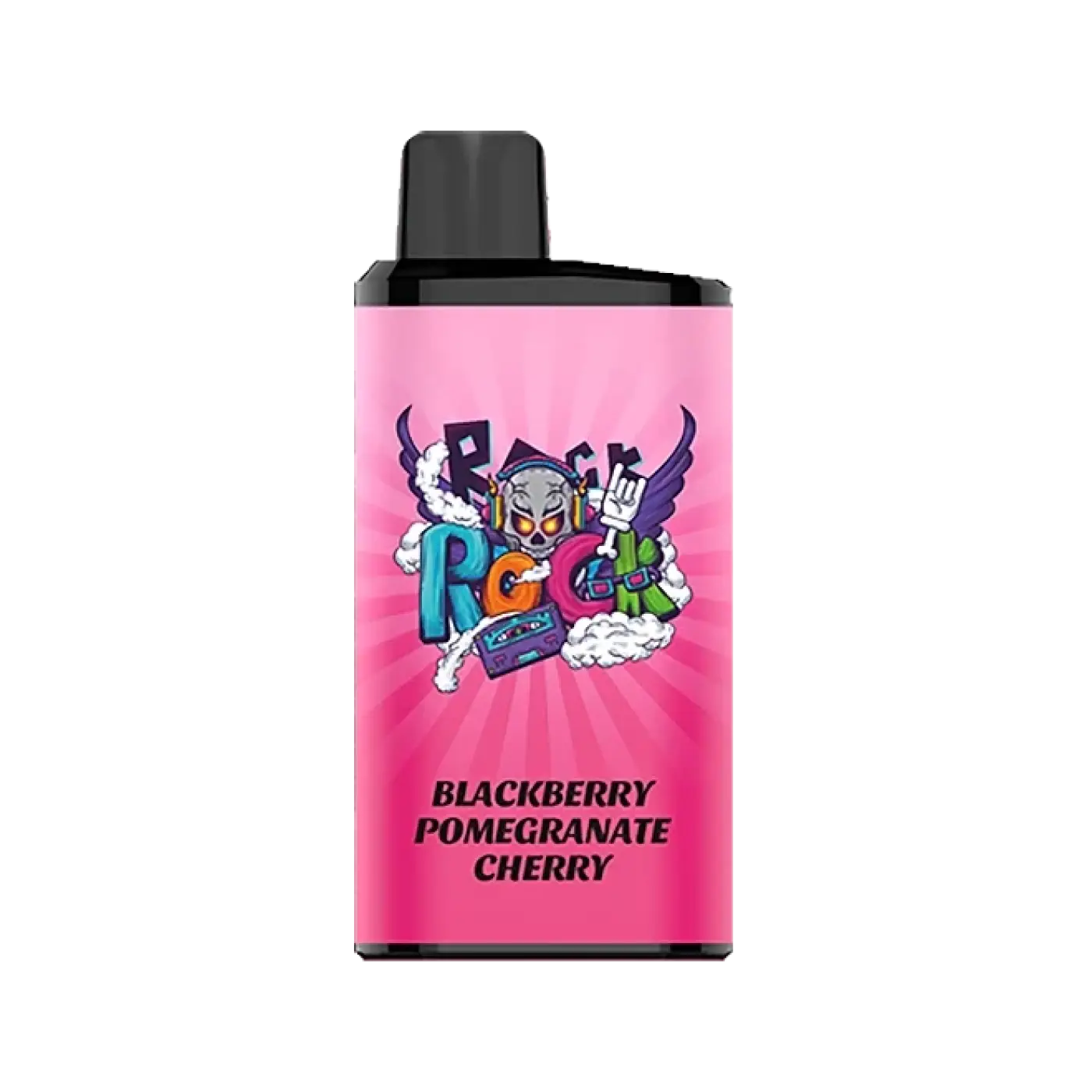Pink rectangular iget bar pro vape pod with black top and colorful graphics featuring blackberry pomegranate cherry flavor