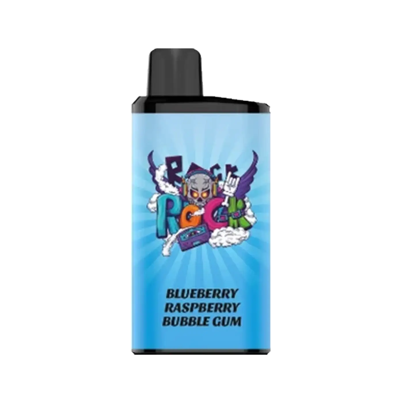 Iget bar pro vape cartridge with blueberry raspberry bubble gum flavor and a light blue label featuring a cartoon skull design