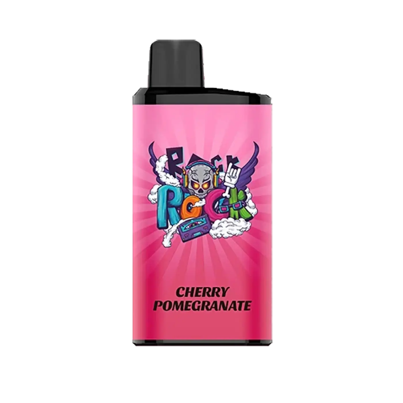 Pink rectangular iget bar pro vape pen with black top featuring cartoon skull and wings in cherry pomegranate design