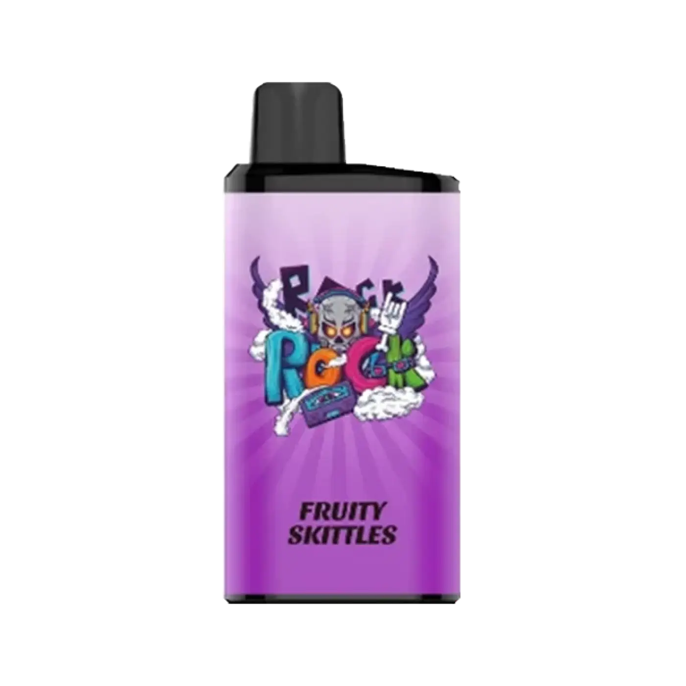 Purple iget bar pro vape pen with black cap and colorful fruity skittles cartoon graphic for pro fruity skittles flavor