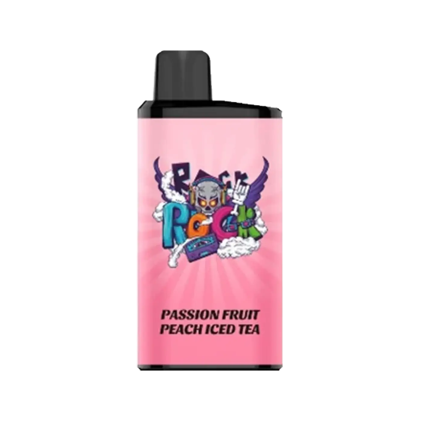 Pink cylindrical iget bar pro vape cartridge with black cap and colorful skull cassette tape graphic passion fruit peach ice tea