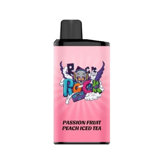 Pink cylindrical iget bar pro vape cartridge with black cap and colorful skull cassette tape graphic passion fruit peach ice tea
