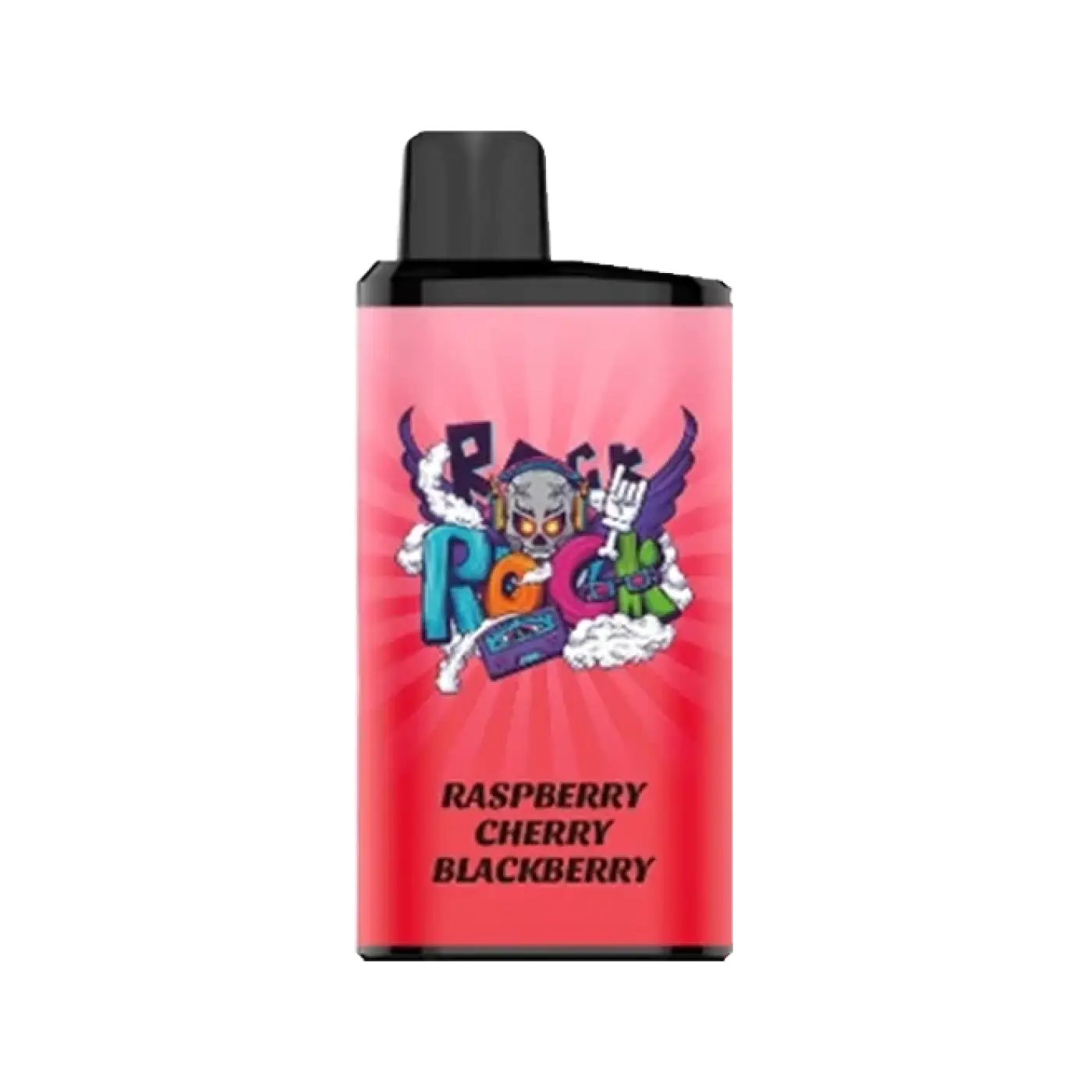 Pink rectangular iget bar pro raspberry cherry blackberry vape cartridge with black cap and colorful cartoon skull design