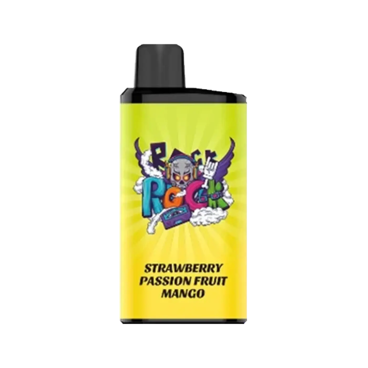 Bright yellow iget bar pro bottle with black cap and colorful rock skull logo labeled strawberry passion fruit mango e-liquid