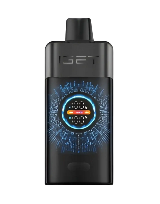 Black iget vape pen with glowing blue and orange circular display for blackberry ice flavor in iget pro series
