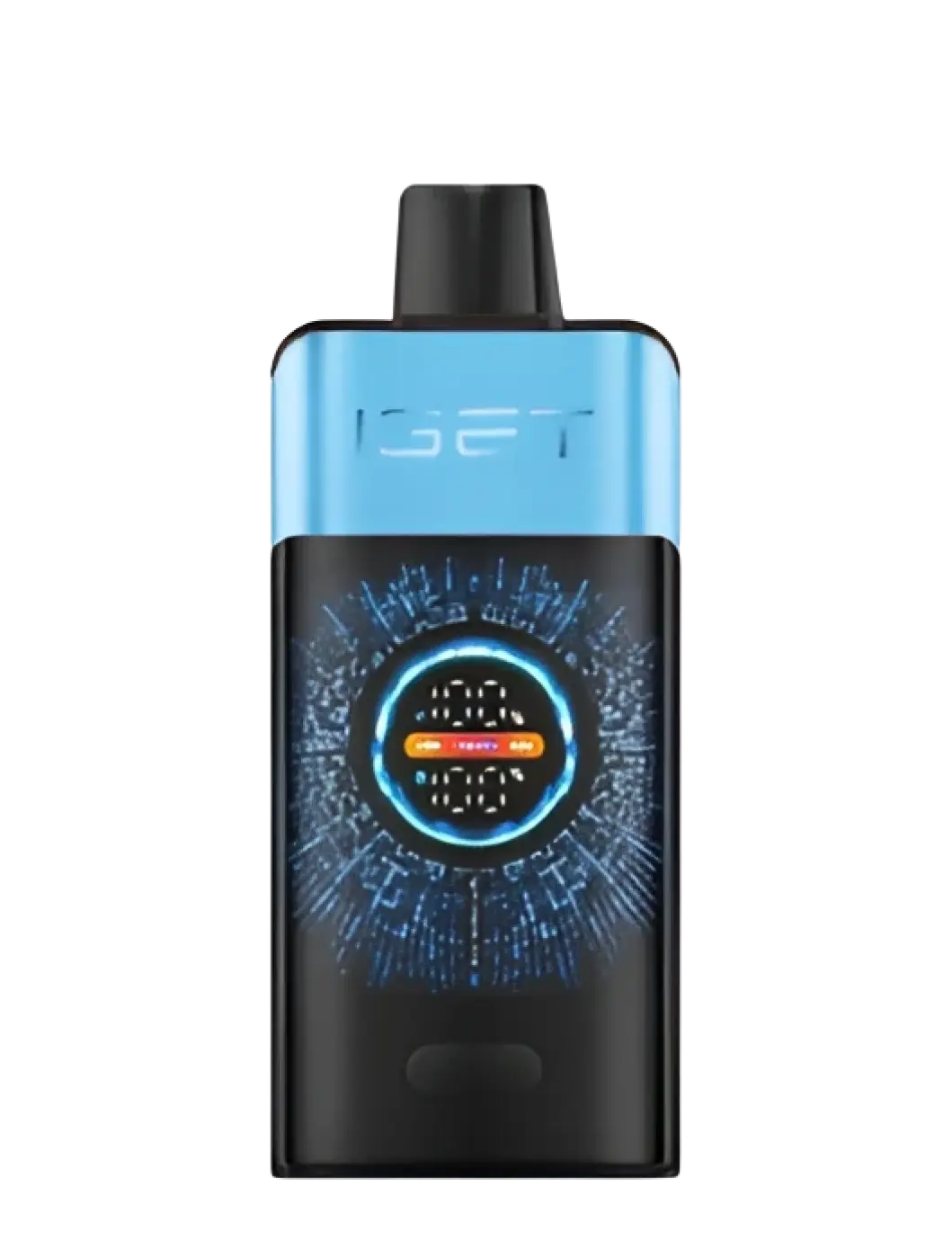 Blue and black iget vape pen with glowing digital display from the iget pro blue monster series