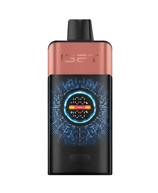 The sleek black and rose gold iget pro vape device features a glowing blue digital display orange center for blueberry raspberry flavor
