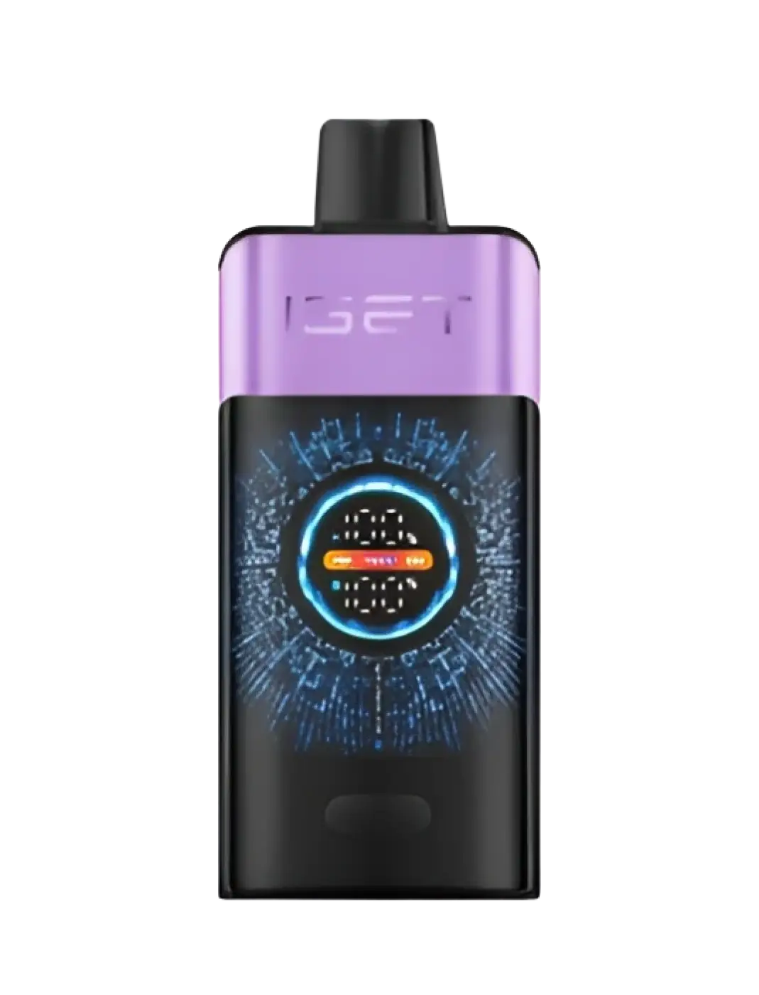 Purple and black iget vape pen with digital display showing battery and wattage for mixed berries ice flavor