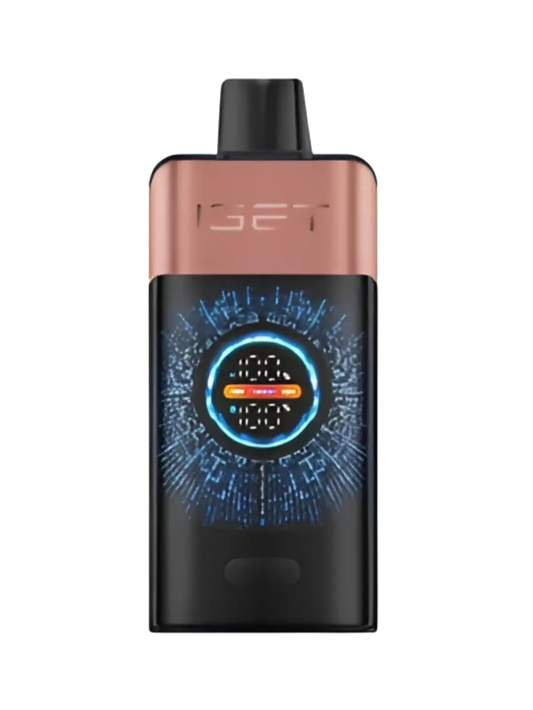 The iget one strawberry vape device in sleek black and rose gold features a glowing blue digital display with orange accents