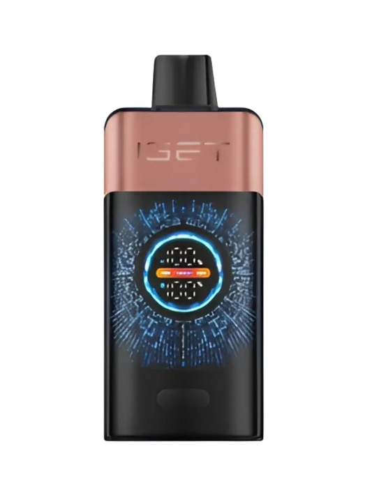 The sleek black and rose gold iget pro vape features a glowing blue digital display with orange accents for strawberry raspberry flavor