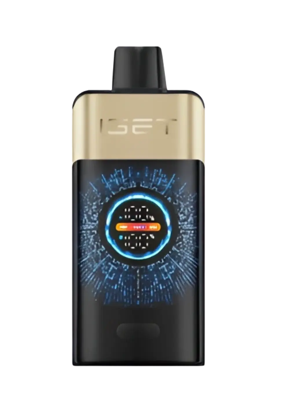 Black and gold iset vape device with circular digital display and blue circuitry patterns for tropical orange monster